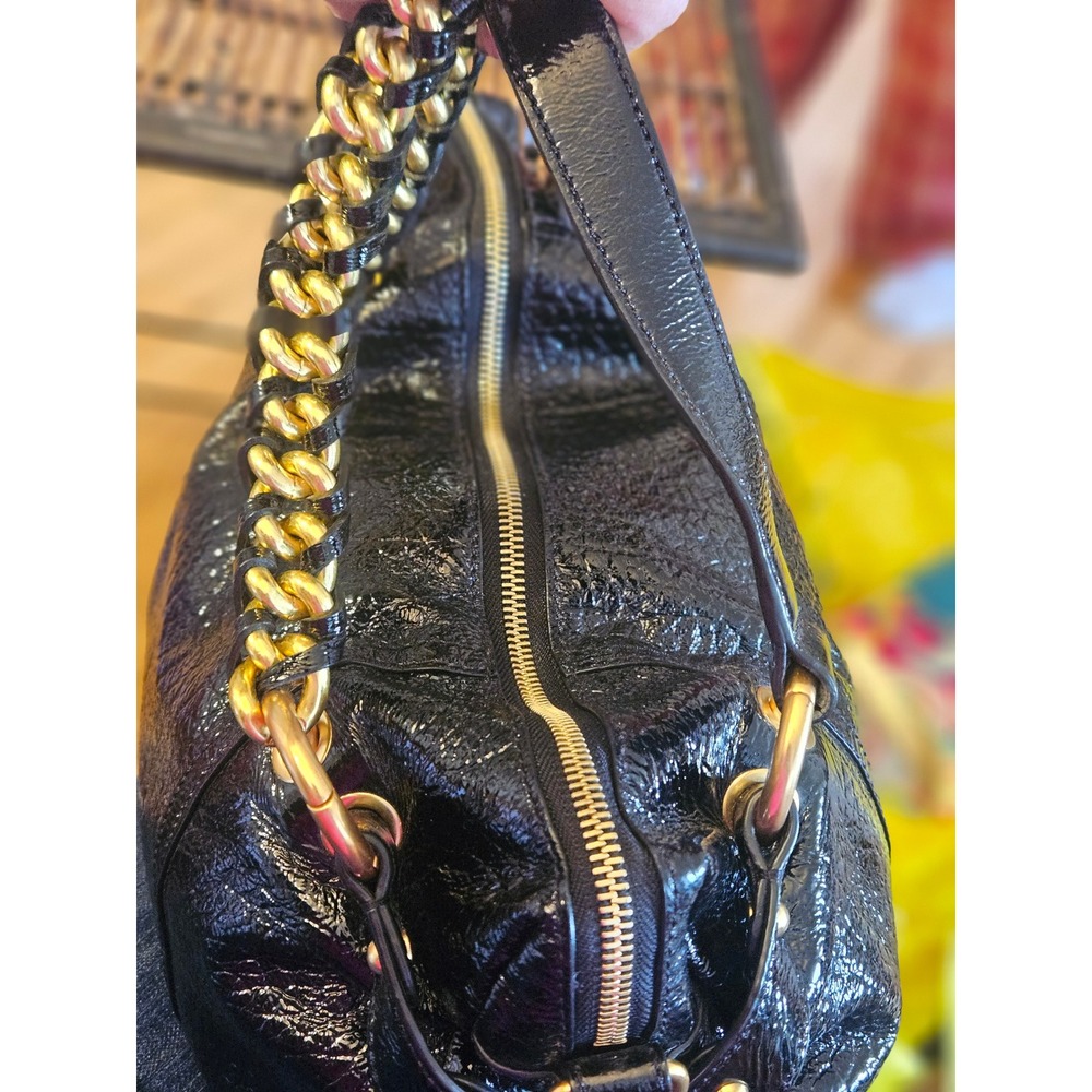 Michael Kors Fulton Black Crinkled Patent Leather Hobo Bag Gold Chain Strap - Picture 5 of 11